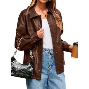 Women's Oversized Faux Leather Brown Jacket Button Down Moto Bomber Winter Coat